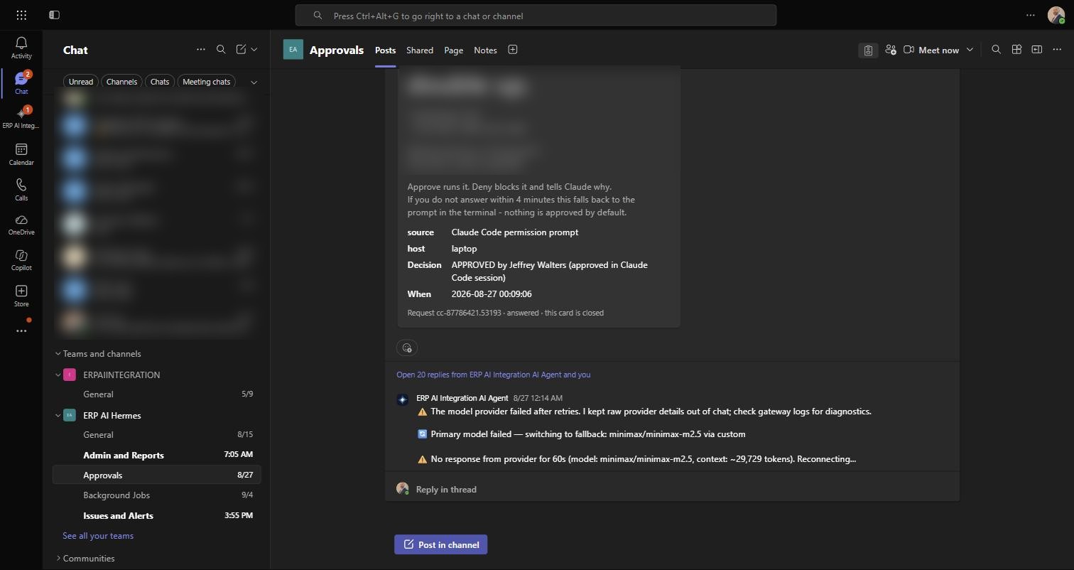 A real approval in Microsoft Teams, approved by Jeffrey Walters, then the agent reporting its own switch to a backup model